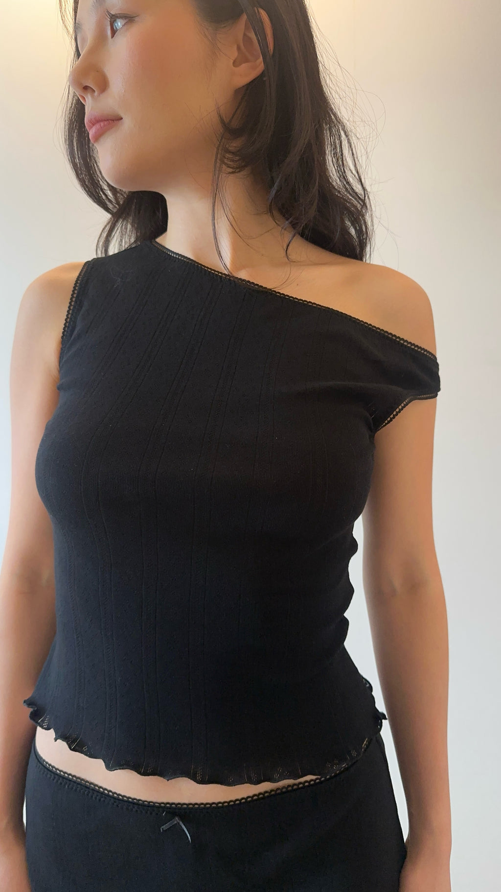 Black Pointelle Cotton Asymmetric Top