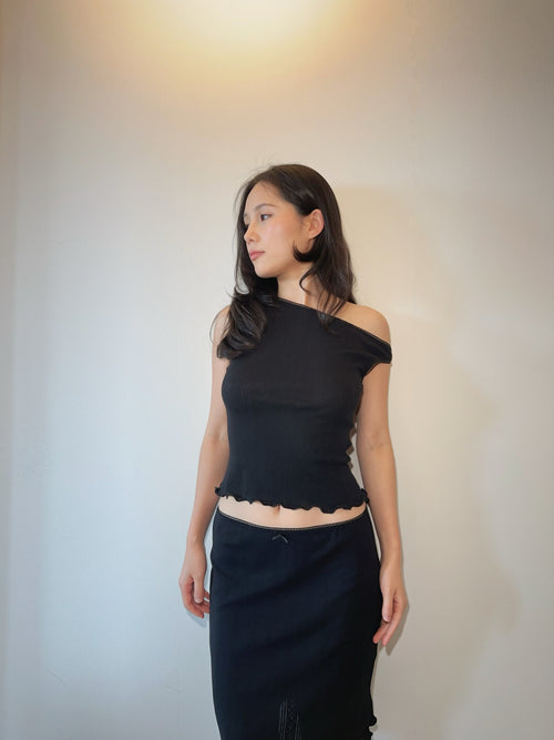 Black Pointelle Cotton Asymmetric Top
