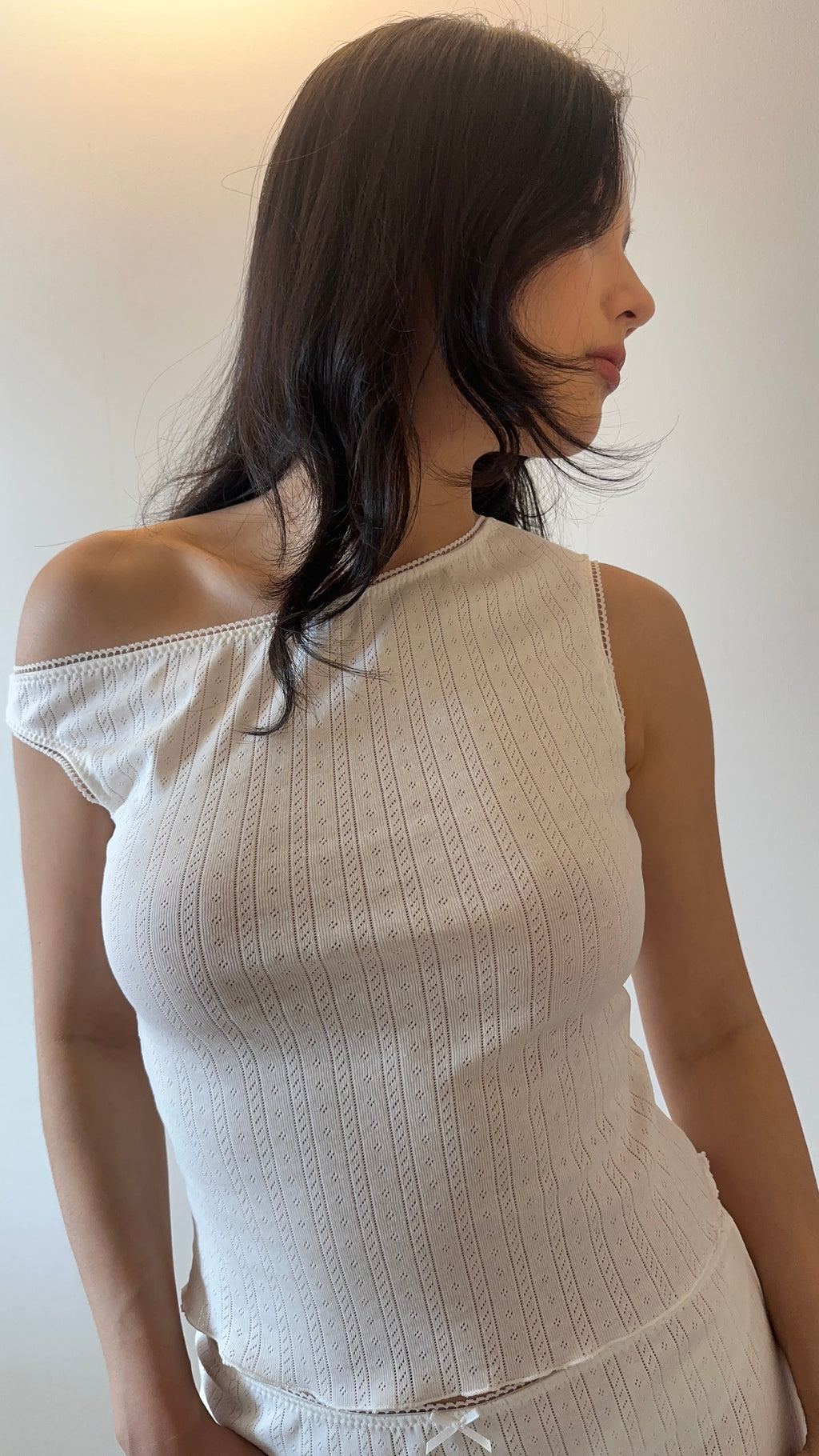 White Pointelle Cotton Asymmetric Top