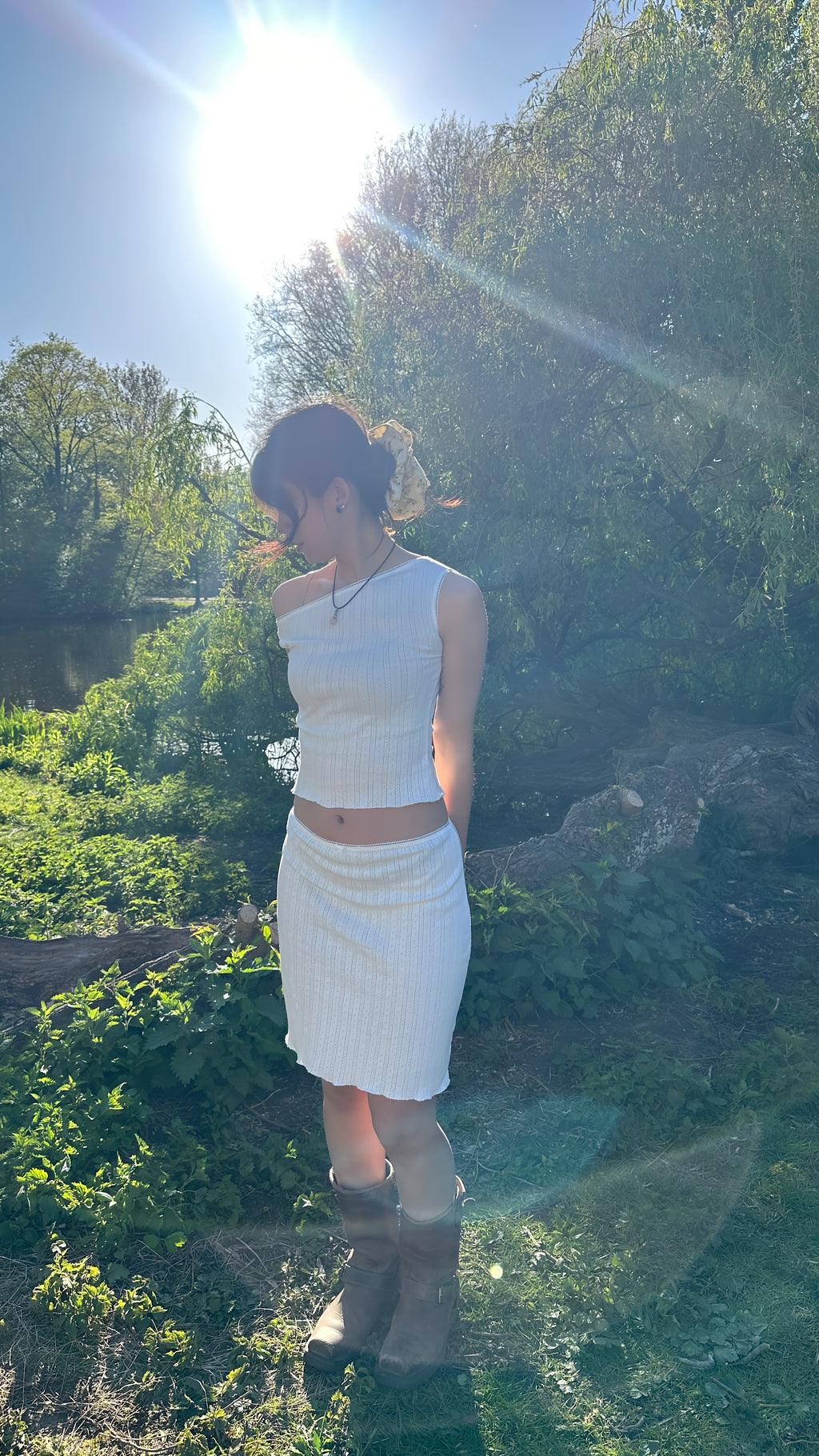 White Pointelle Cotton Asymmetric Top