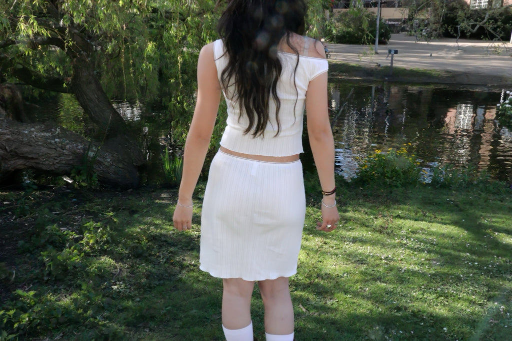 White Pointelle Cotton Asymmetric Top