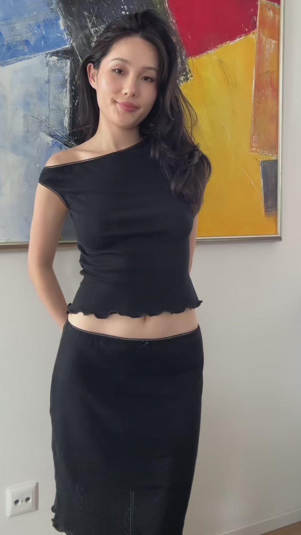 Black Pointelle Cotton Asymmetric Top